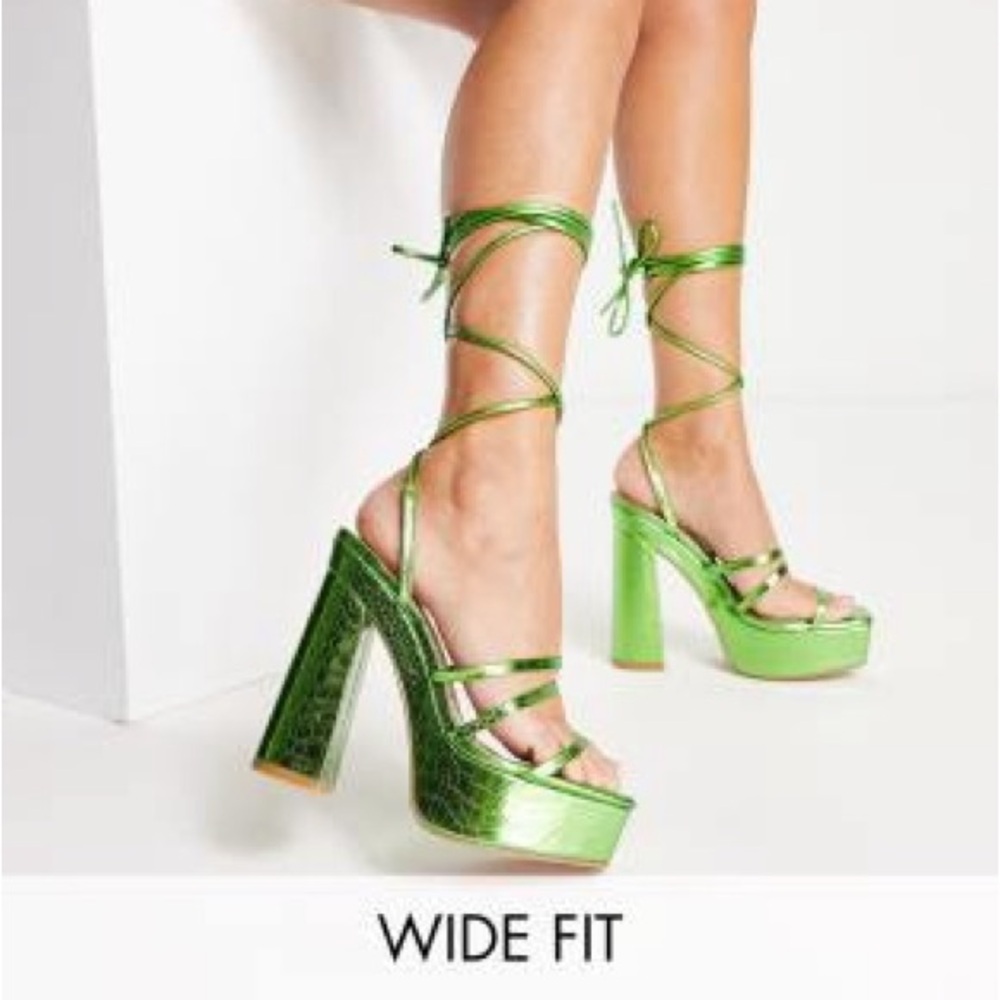 Simmi London wide fit sis strappy platform heels in metallic green